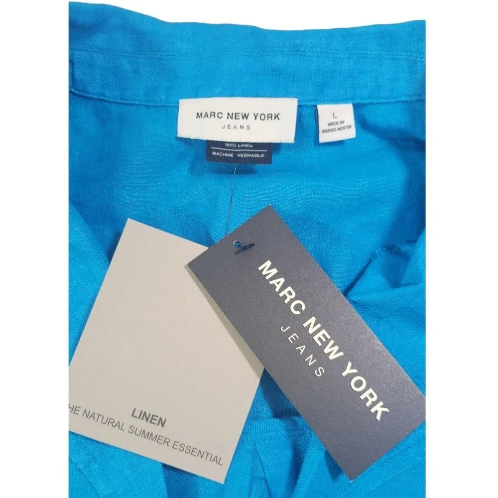 Marc New York Jeans Linen Top Women L Blue Short Sleeve Boxy Coastal Boho